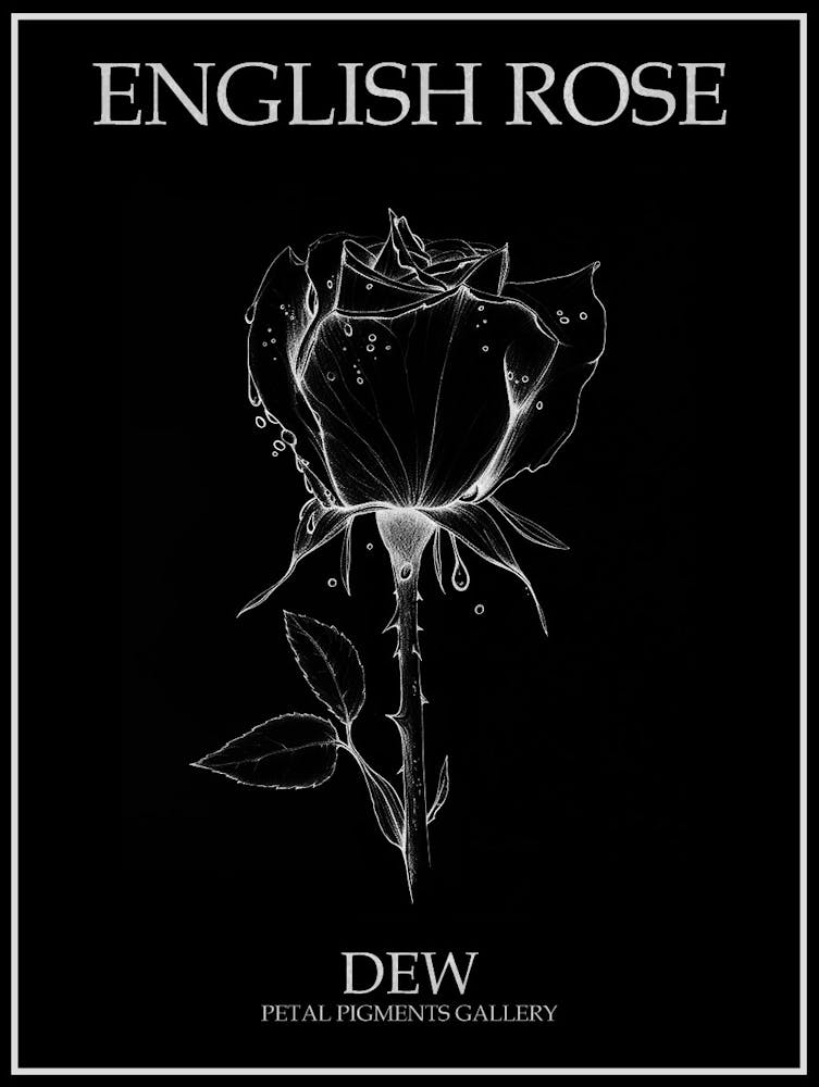 English Rose Dew Line Drawing 2 Poster Inverted
