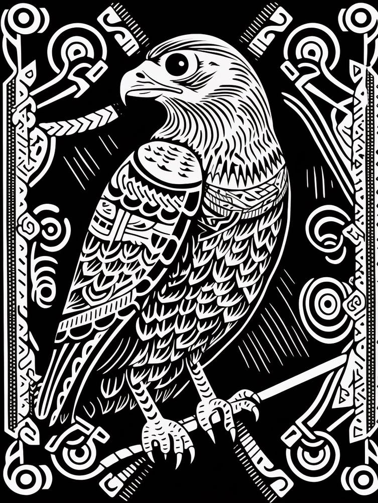B&W Bird Linocut Hawk 1