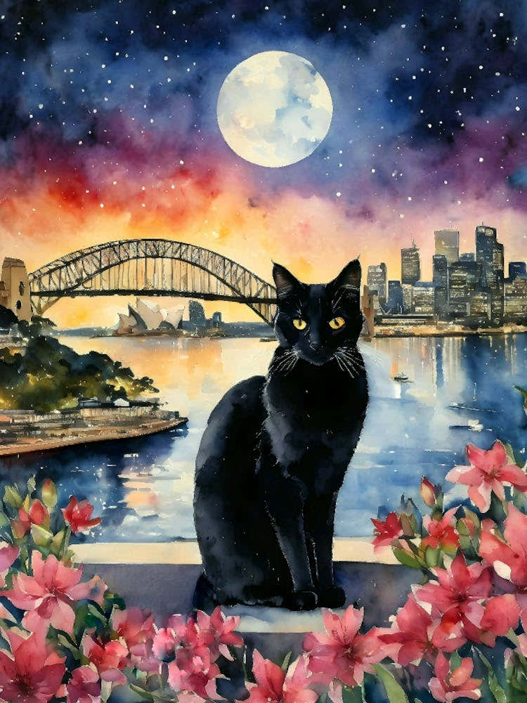 The Black Cat in Sydney Harbour Bridge Bay Opera House Iconic Australia Cityscapes on a Full Moon Traditional Watercolor Kitty Travels Home and Room Wall Art Cool Decor Klimt and Matisse Inspired Modern Awesome Cool Unique Pagan Witchy Witches Familiar Gi