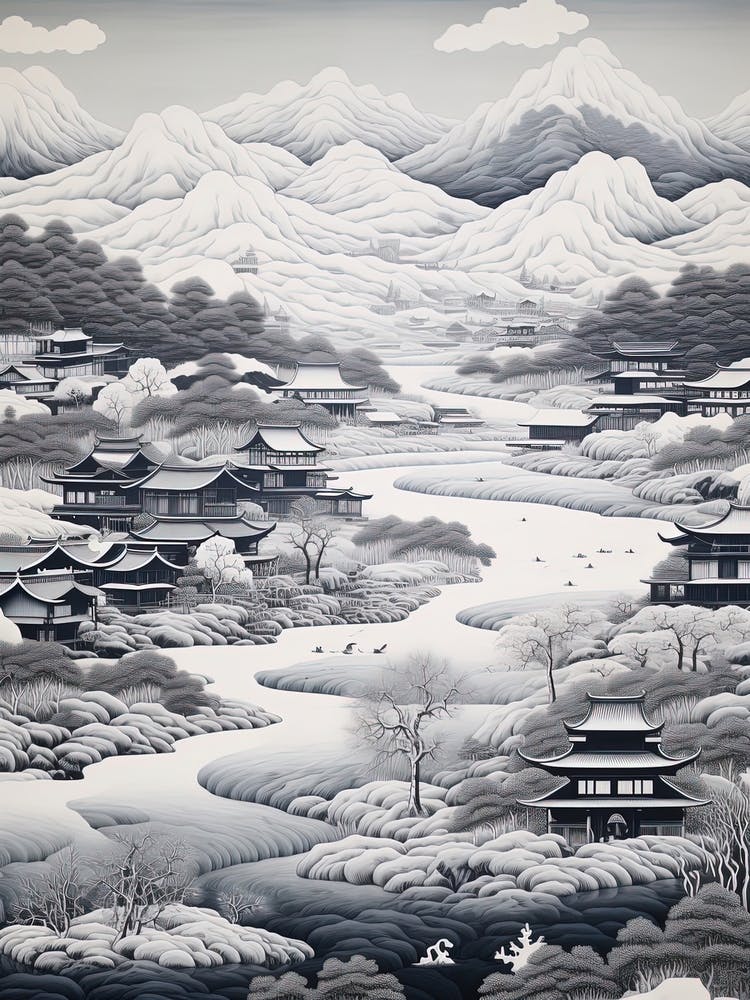 Yufuin In Oita, Ukiyo E Black And White Line Art Drawing 2