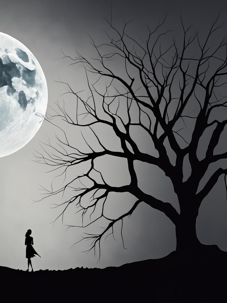 Moody Silhouette of Tree and Figure Under Full Moon