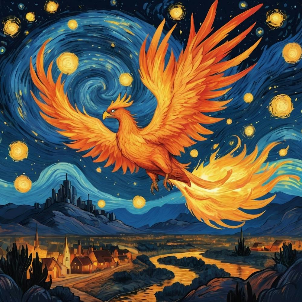Phoenix Bird Fire Flying At Starry Night Van Gogh Painting Pop Culture