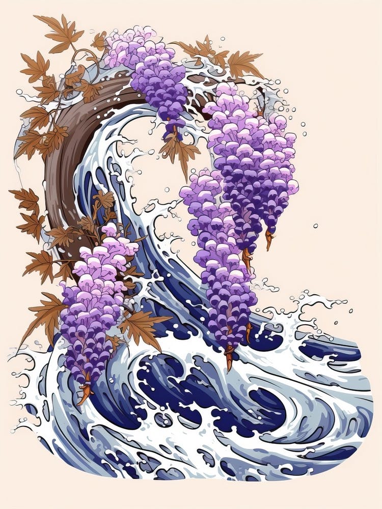 Great Wave With Wisteria Flower Drawing In The Style Of Ukiyo E 3