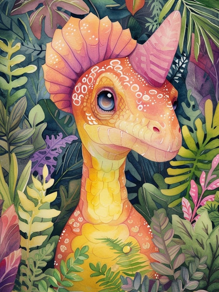 Teal Pastels Parasaurolophus Dinosaur In The Jungle 1