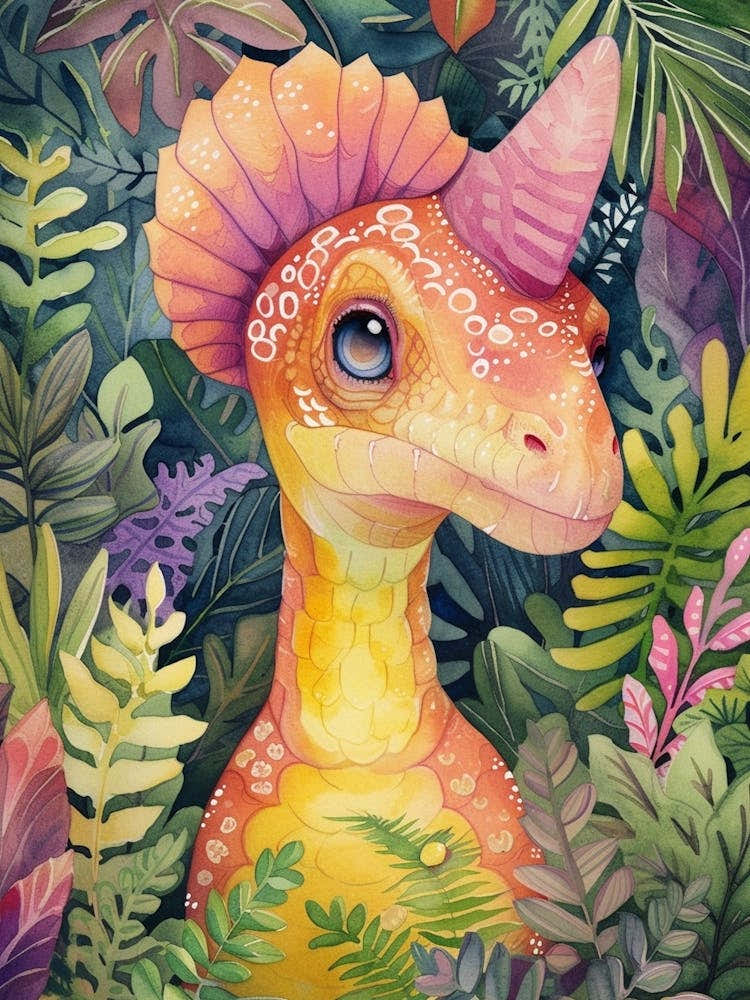 Teal Pastels Parasaurolophus Dinosaur In The Jungle 1
