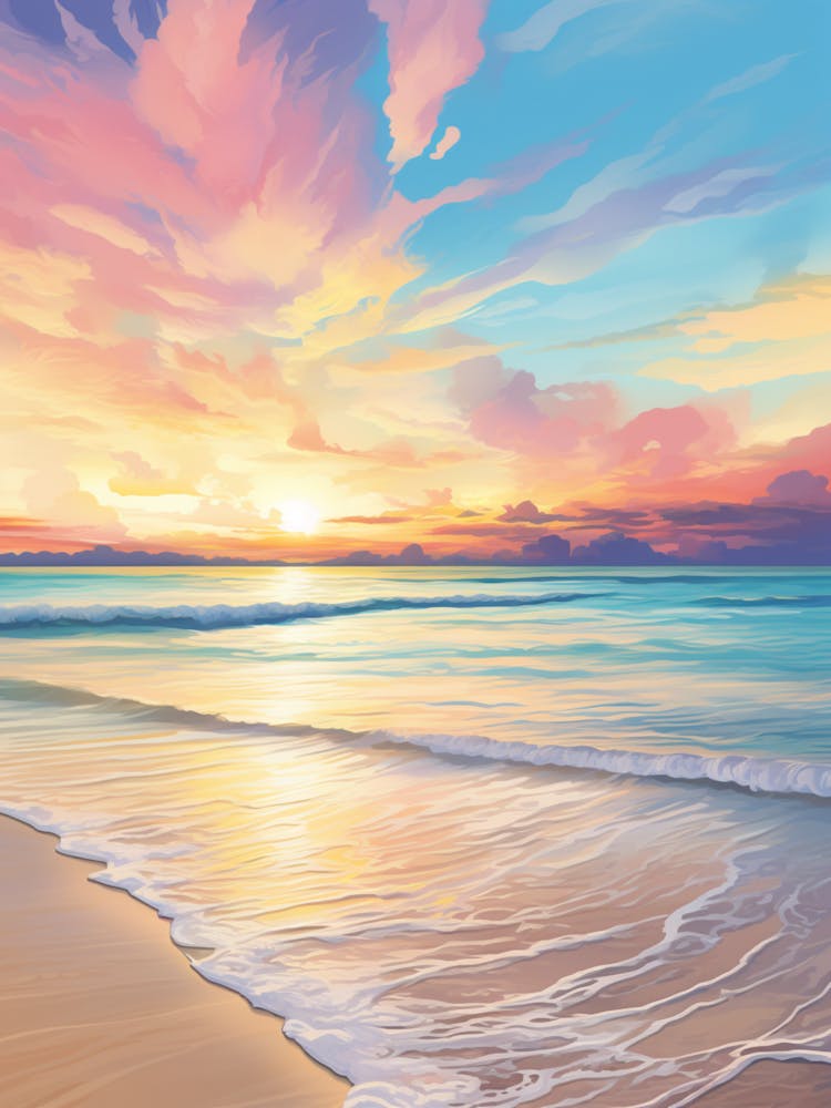 Grace Bay Beach Turks And Caicos At Sunset, Vibrant Painting 2