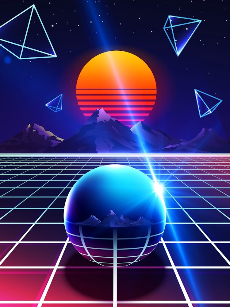Neon sunset, mountains and sphere [synthwave/vaporwave/cyberpunk] — aesthetic neon retrowave poster