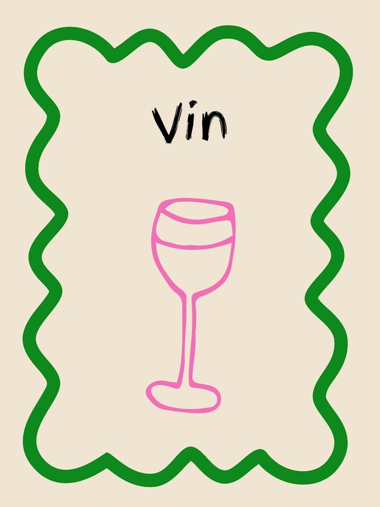 Wine Doodle Poster French Green & Pink