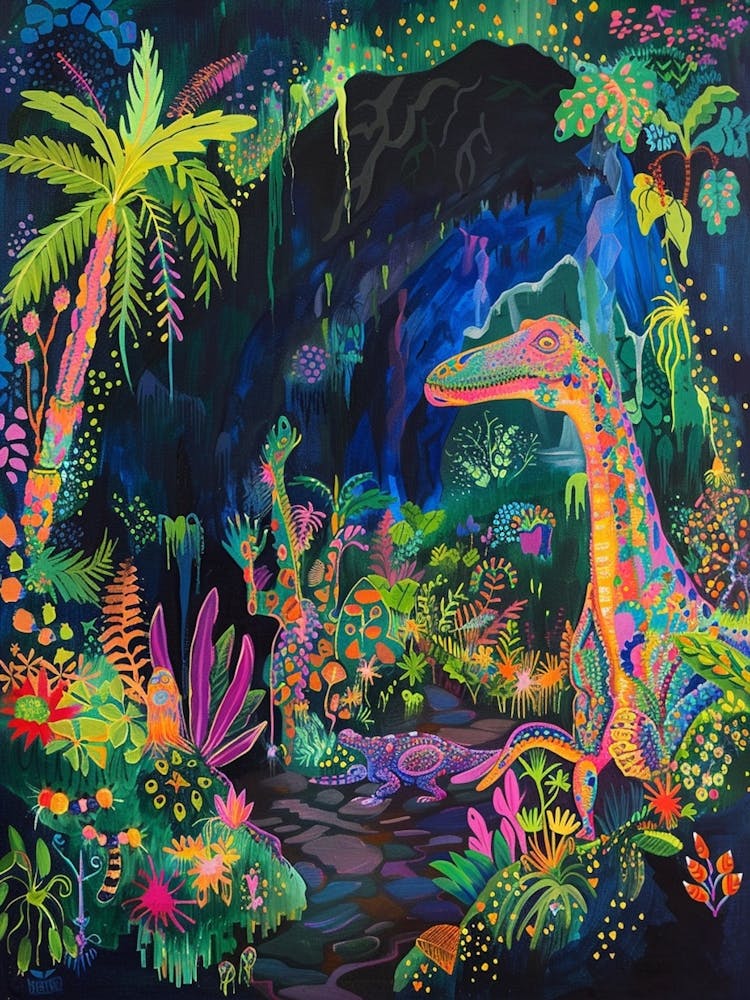 Dinosaur In The Colourful Cave Painting 3