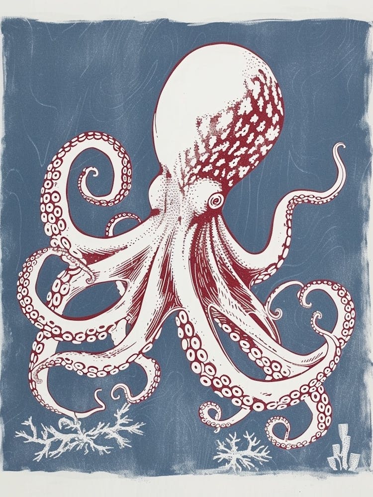 Octopus In Ocean Blue Linocut Background 2