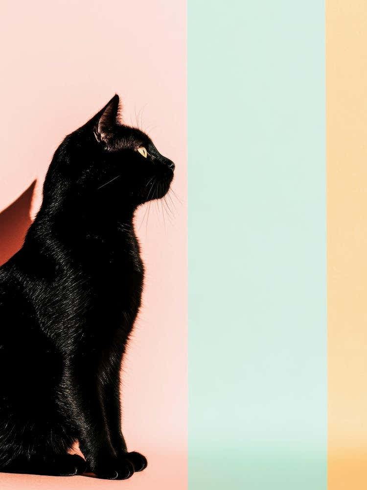 Black Cat Sitting On A Colorful Background