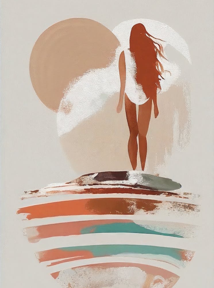 Long-Haired Woman Staring At The Waves - Abstract Minimal Boho Beach