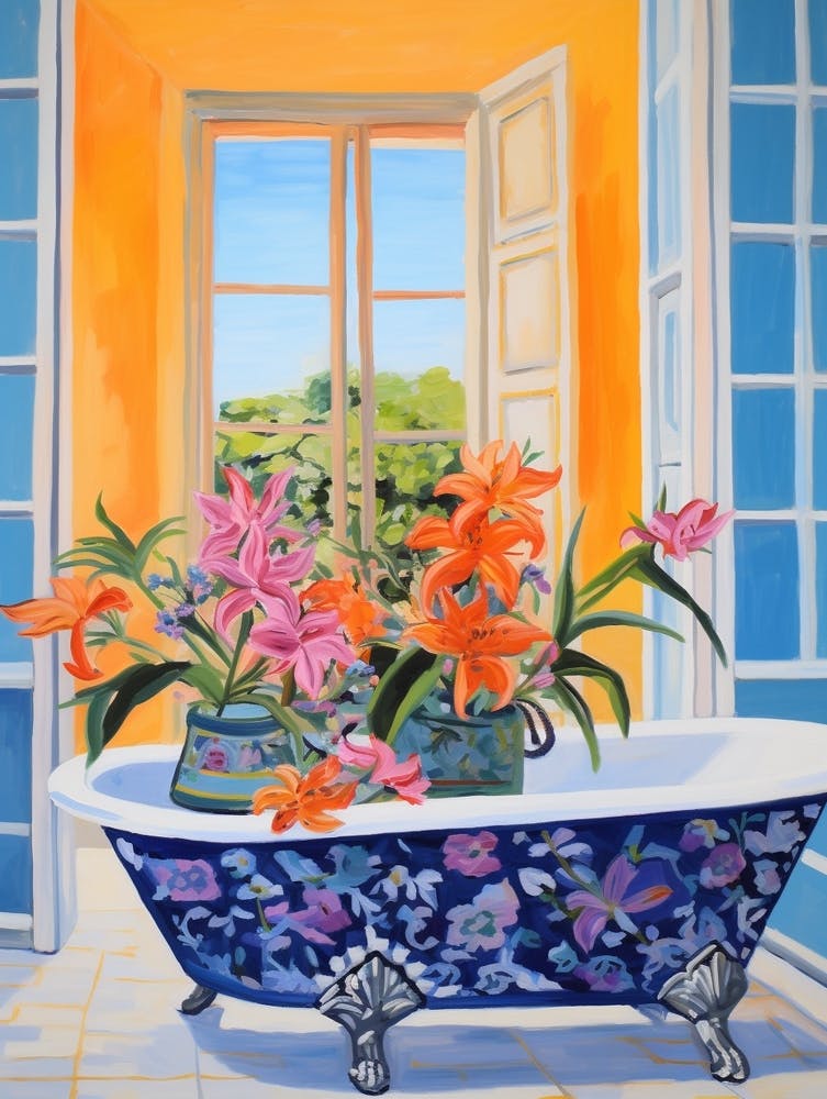 A Bathtube Full Of Peacock Flower In A Bathroom 1