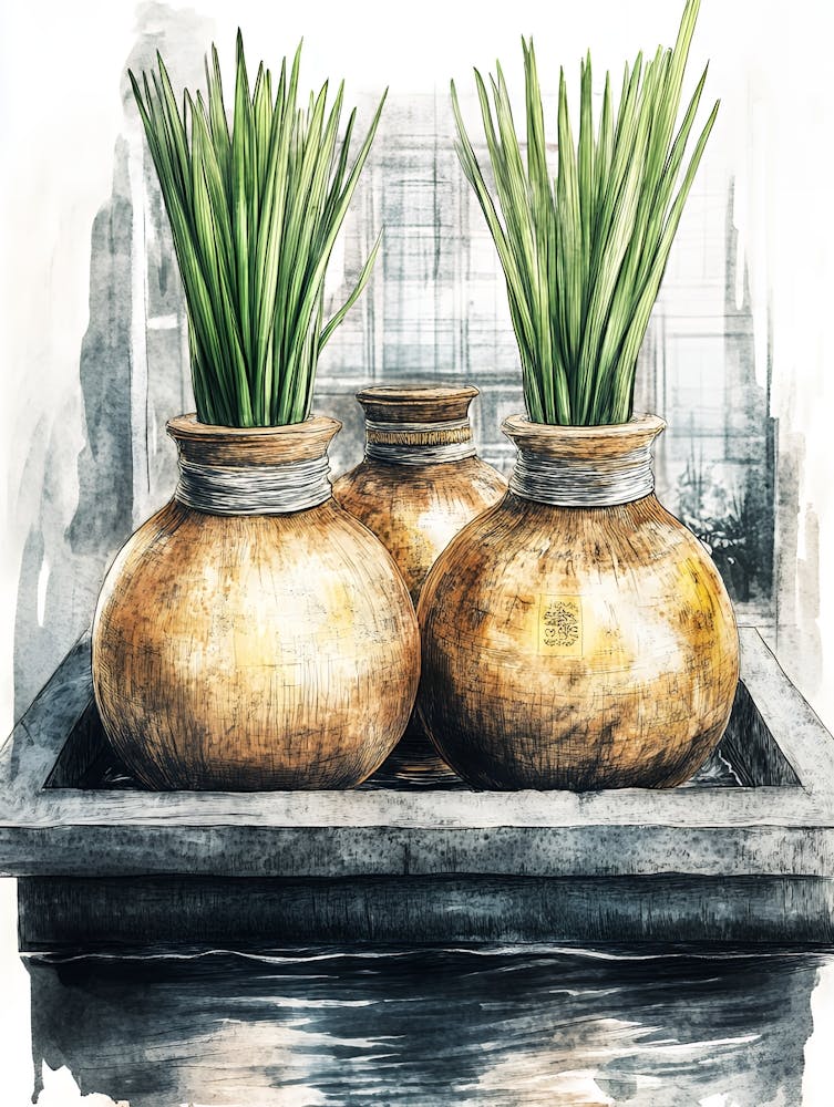 Three Pots Of Grass