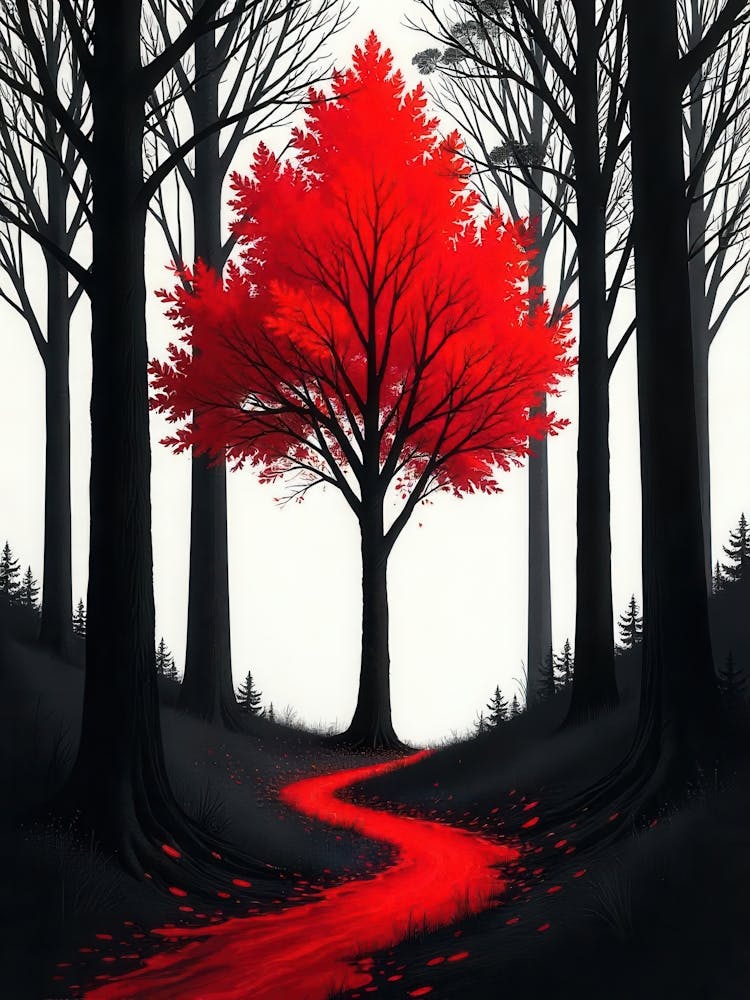 Red Tree In The Woods