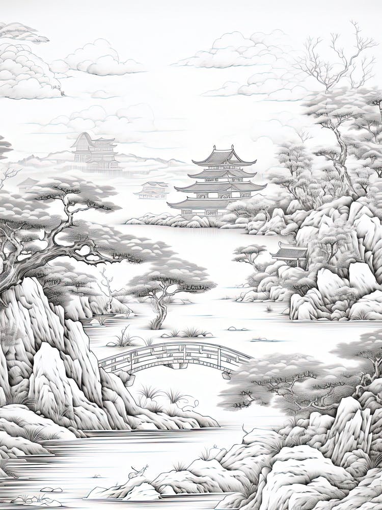 Okinawa Islands In Okinawa, Ukiyo E Black And White Line Art Drawing 2