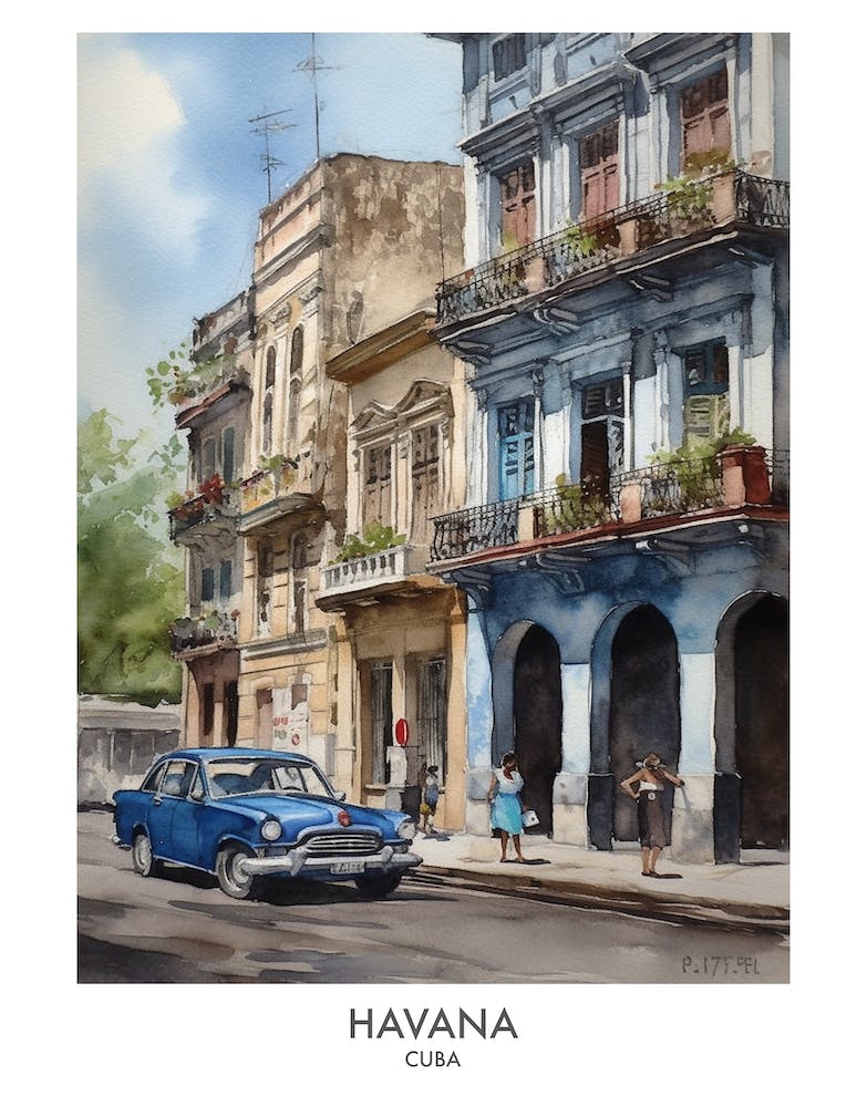 La Havane 4 - Affiche de Voyage Aquarelle