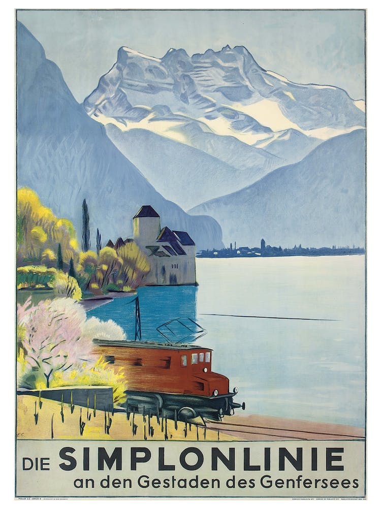 Simplonlinie Poster Advertising Rail Travel Around Lake Geneva