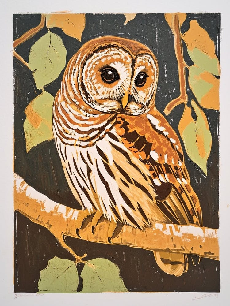 Barred Owl Linocut Blockprint 1