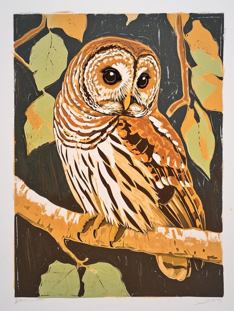 Barred Owl Linocut Blockprint 1