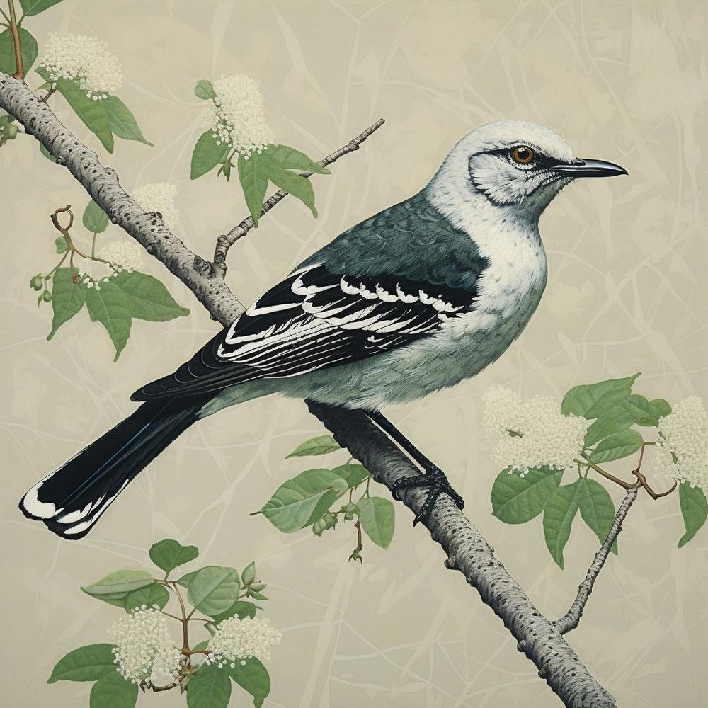 Ohara Koson Inspired Bird Painting Mockingbird 2 Square