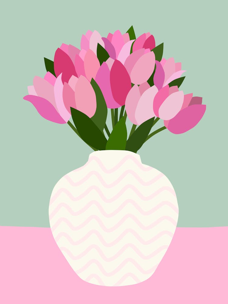 Tulip Arrangement - Floral Vase Pink And Green
