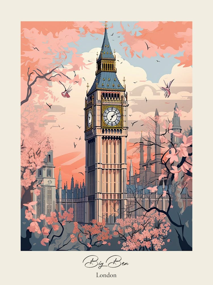 Big Ben, London   Cute Botanical Illustration Travel 1 Poster