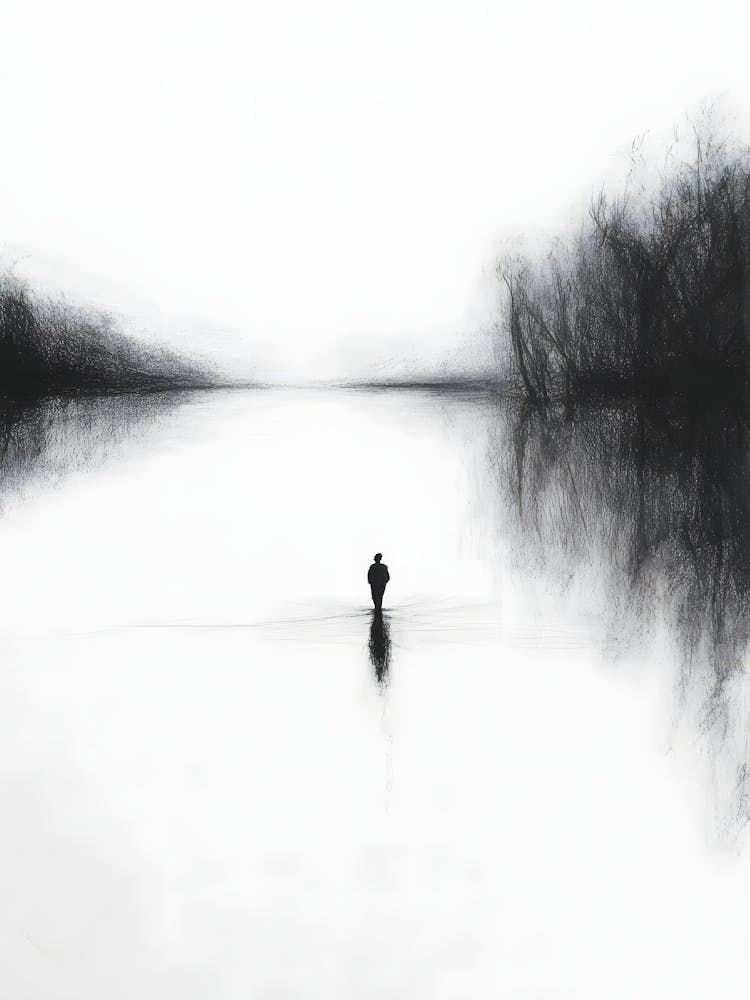 Charcoal Pencil Drawing Man In The Water