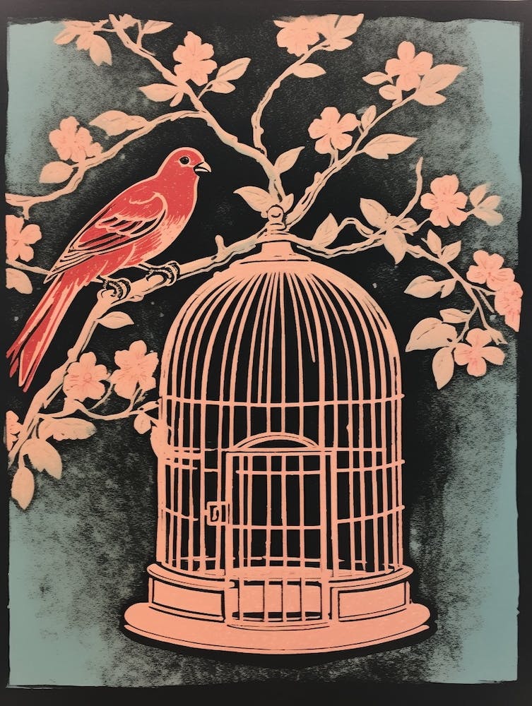 Linocut Pink Birdcage