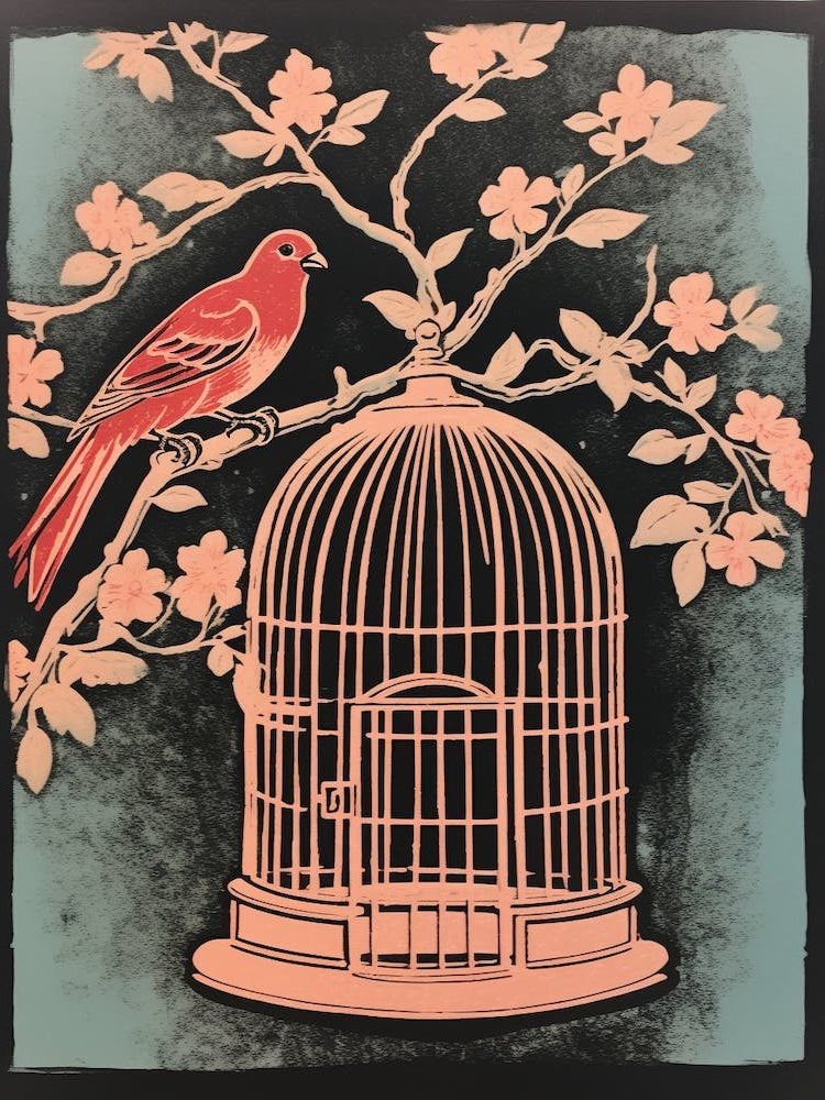 Linocut Pink Birdcage