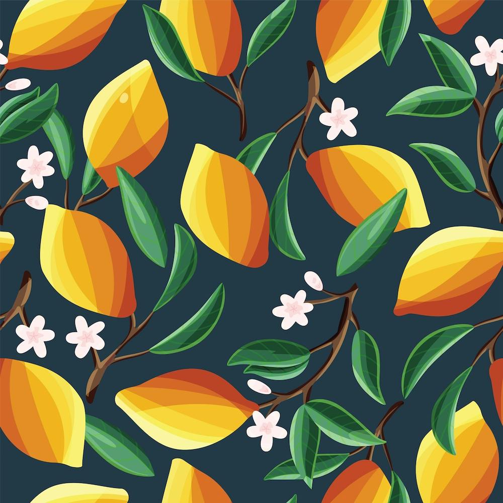 Sunny Lemon Pattern With Florals On Blue Square
