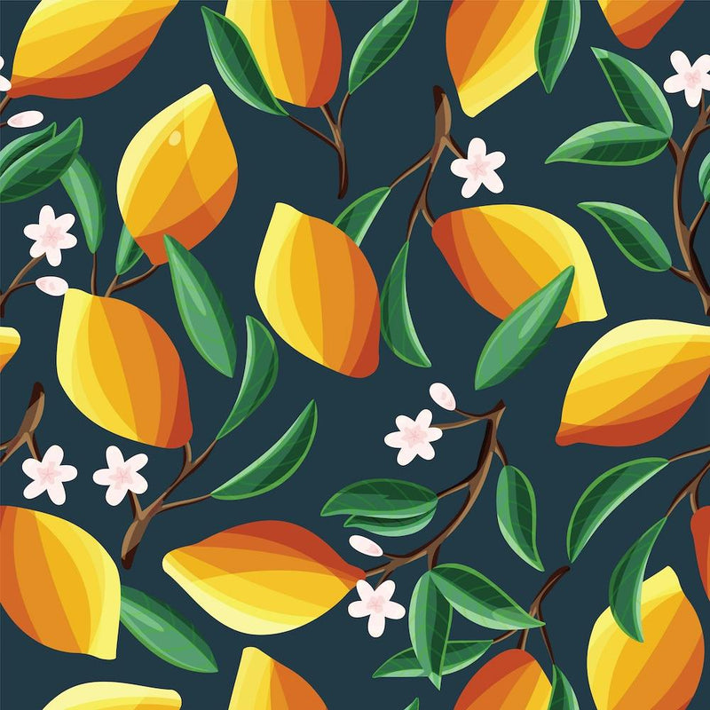 Sunny Lemon Pattern With Florals On Blue Square