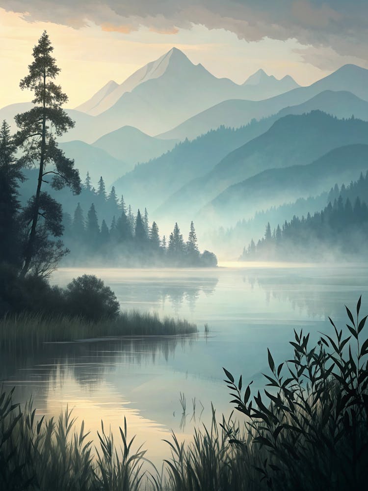 Oil Painting Style Abstract Misty Lake Scene