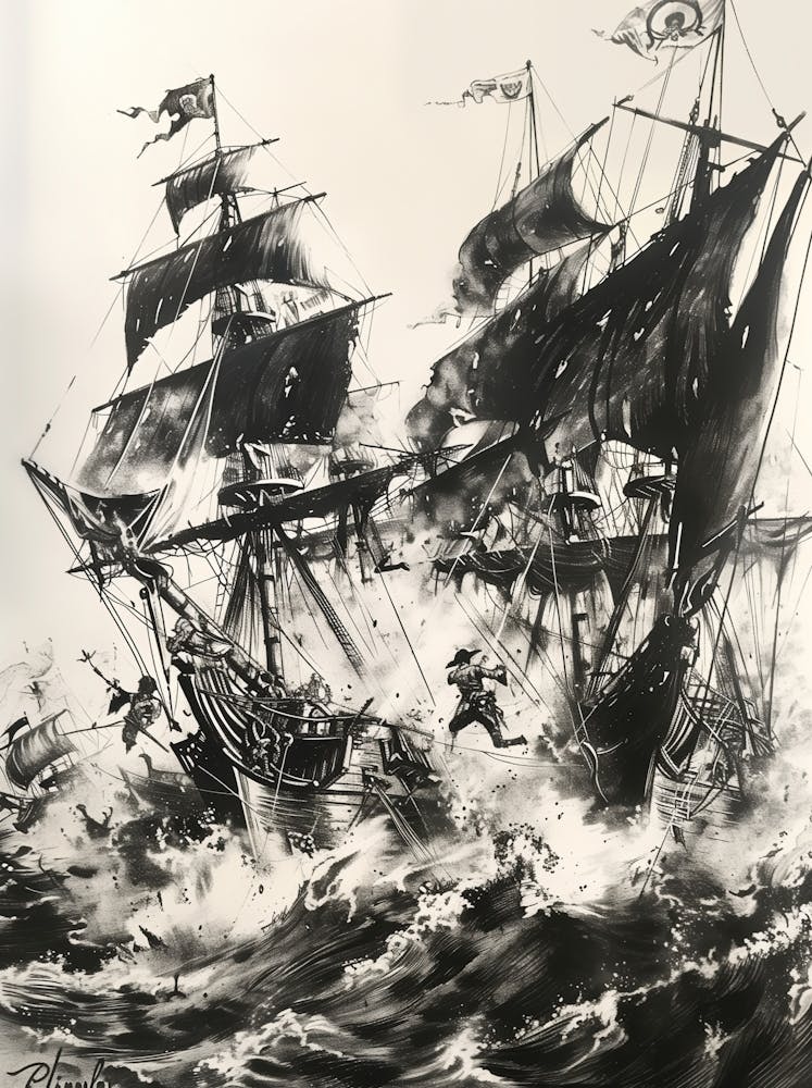 Hand Pen Drawing Depicting An Epic Sea Battle Between Pirate Ships