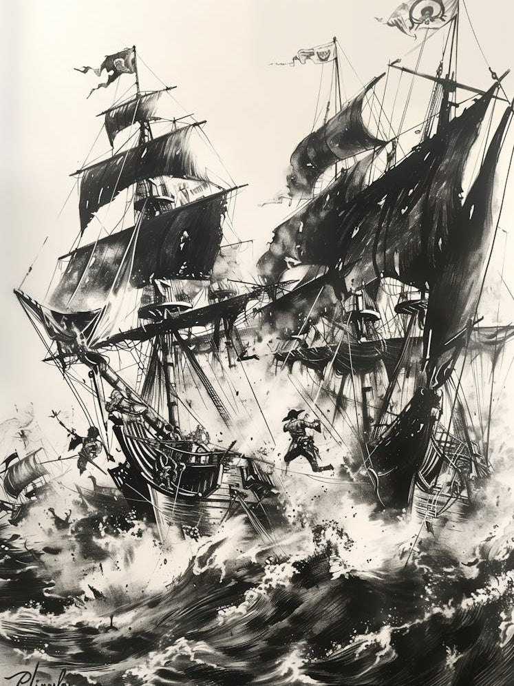 Hand Pen Drawing Depicting An Epic Sea Battle Between Pirate Ships