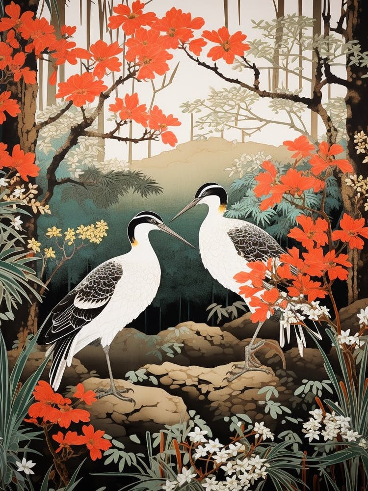 Woodland Sage And Bird 3 Vintage Japanese Botanical