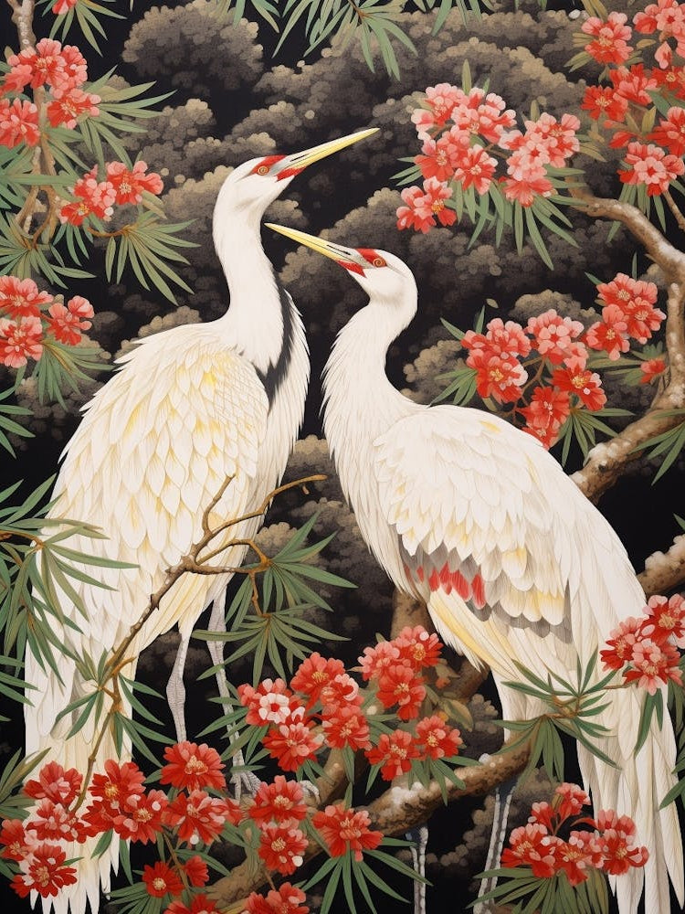 Black And Red Cranes 8 Vintage Japanese Botanical