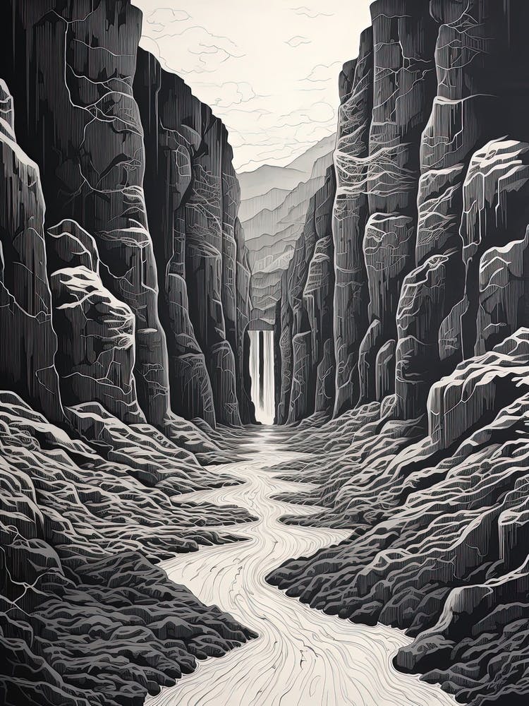 Sounkyo Gorge In Hokkaido, Ukiyo E Black And White Line Art Drawing 3