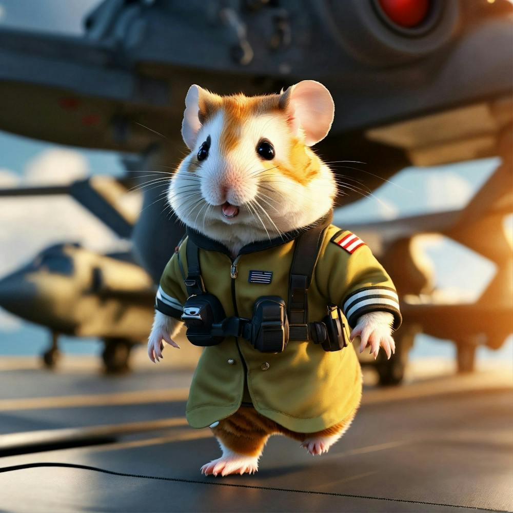 A Cute Fluffy Hamster Pilot Walking On A Military 2
