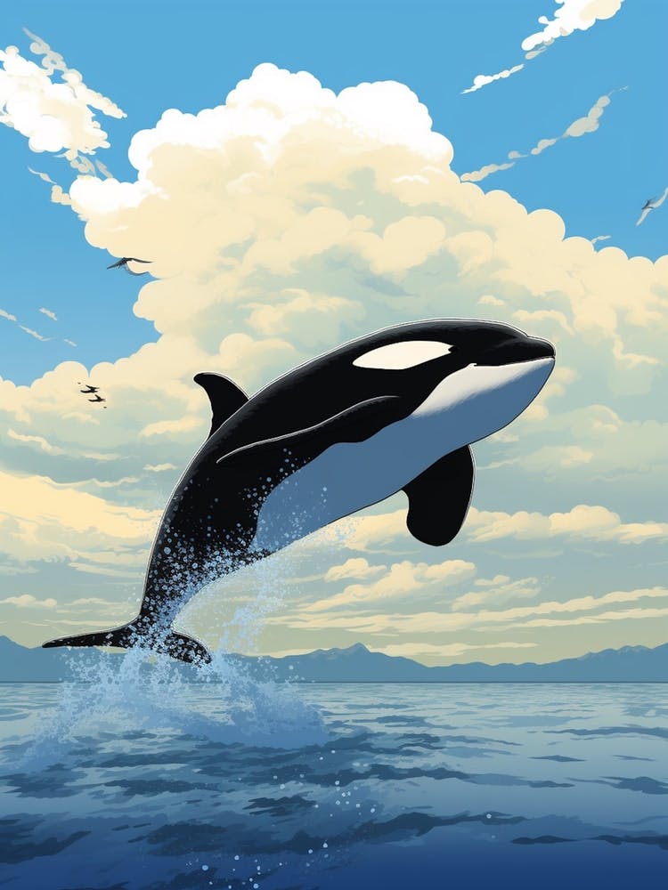 Orca Whale Diving In Front Of The Clouds