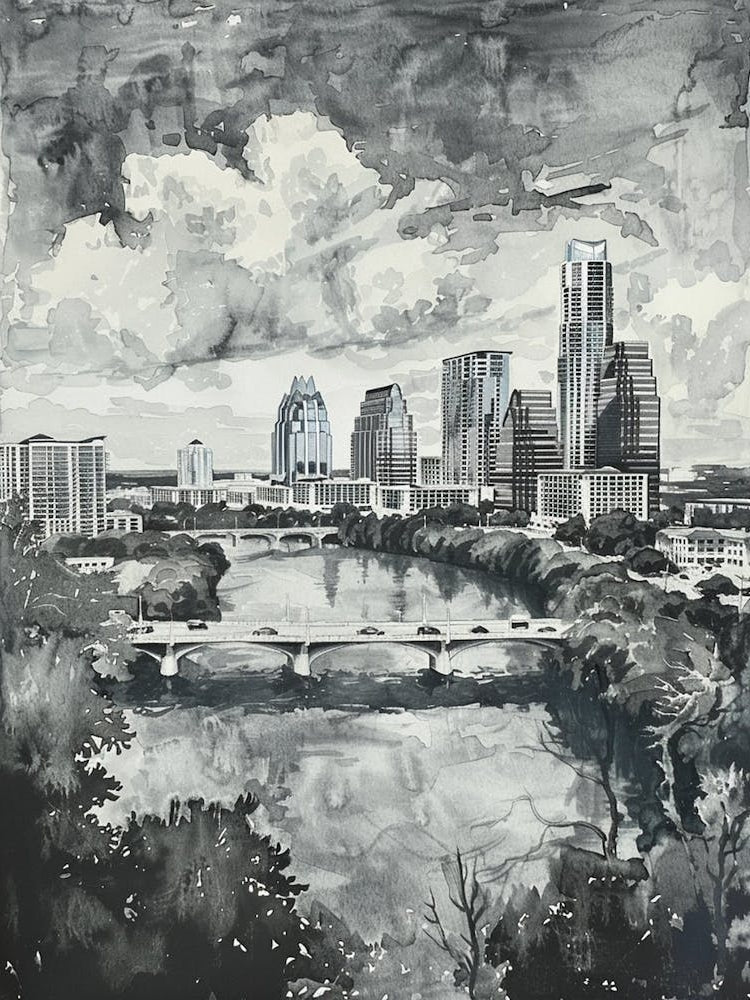 Skyline Austin Texas Black And White Watercolour 3