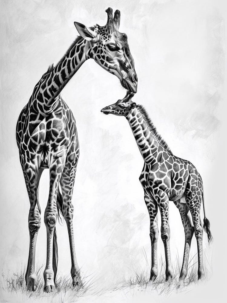 Pencil Portrait Of Giraffe & Calf