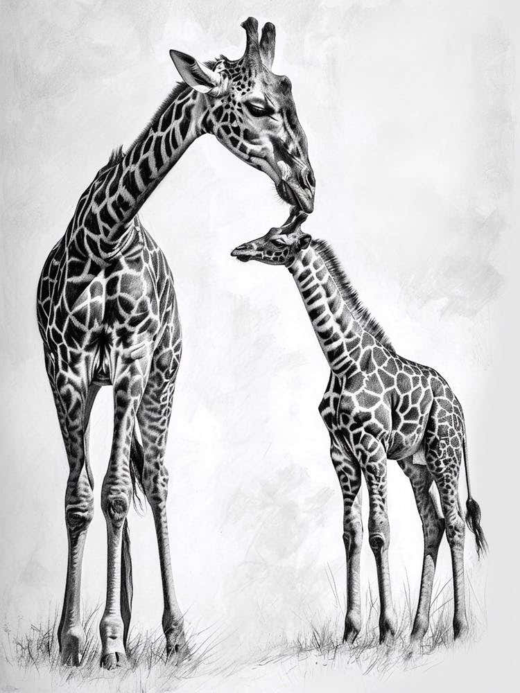 Pencil Portrait Of Giraffe & Calf