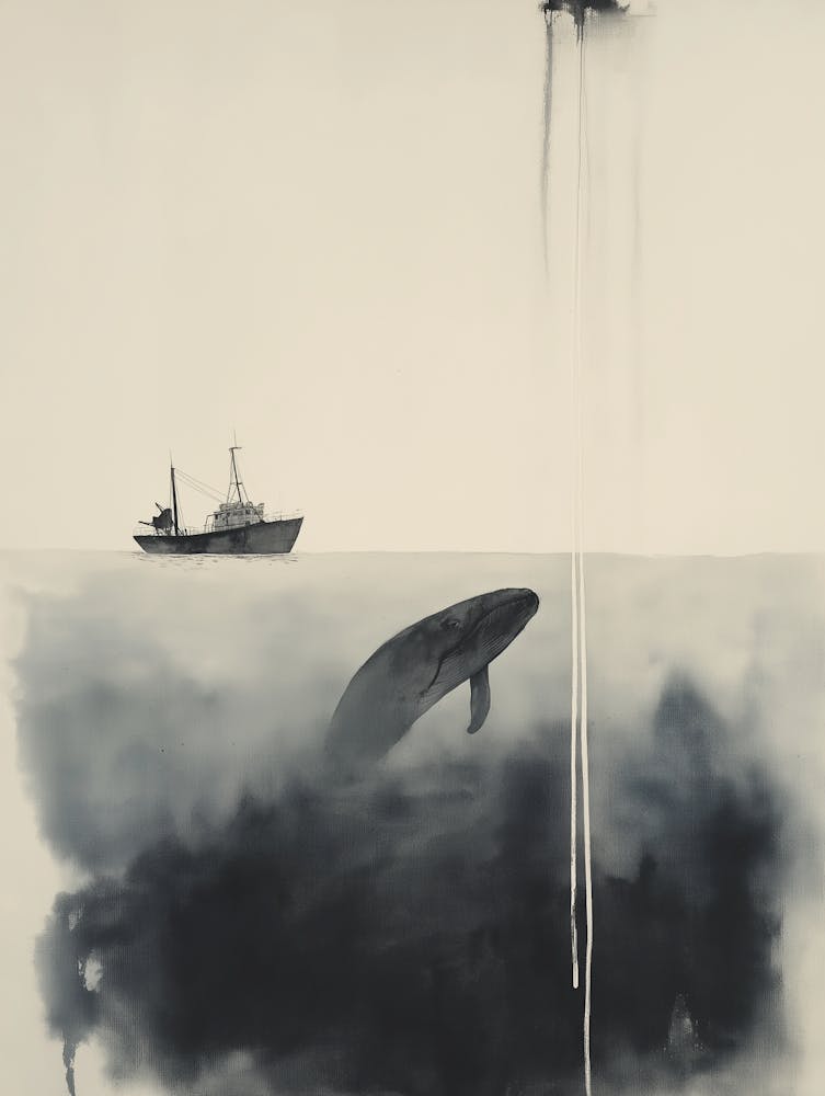 A Watercolor Painting Of A Whale With A Long, White Spout Dripping, In The Ocean