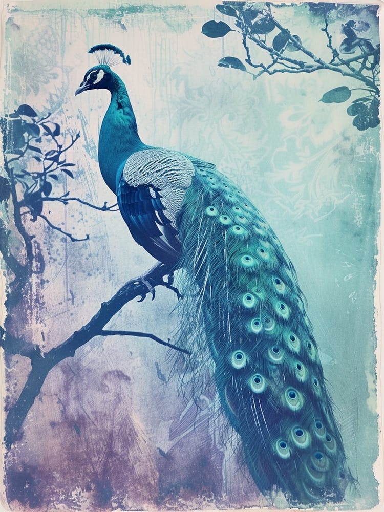 Vintage Turquoise Peacock In A Tree