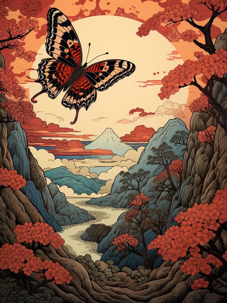Peinture Papillon Tons Rouges Style Japonais 2