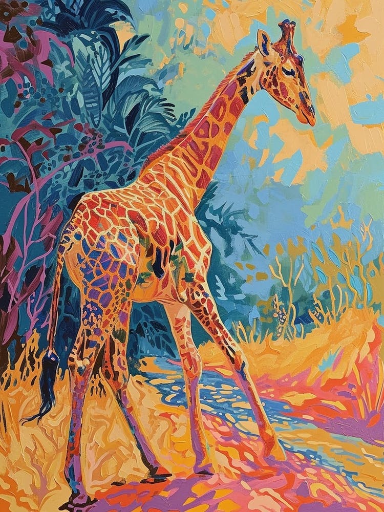 Colourful Giraffe In The Leaves Illustration 7