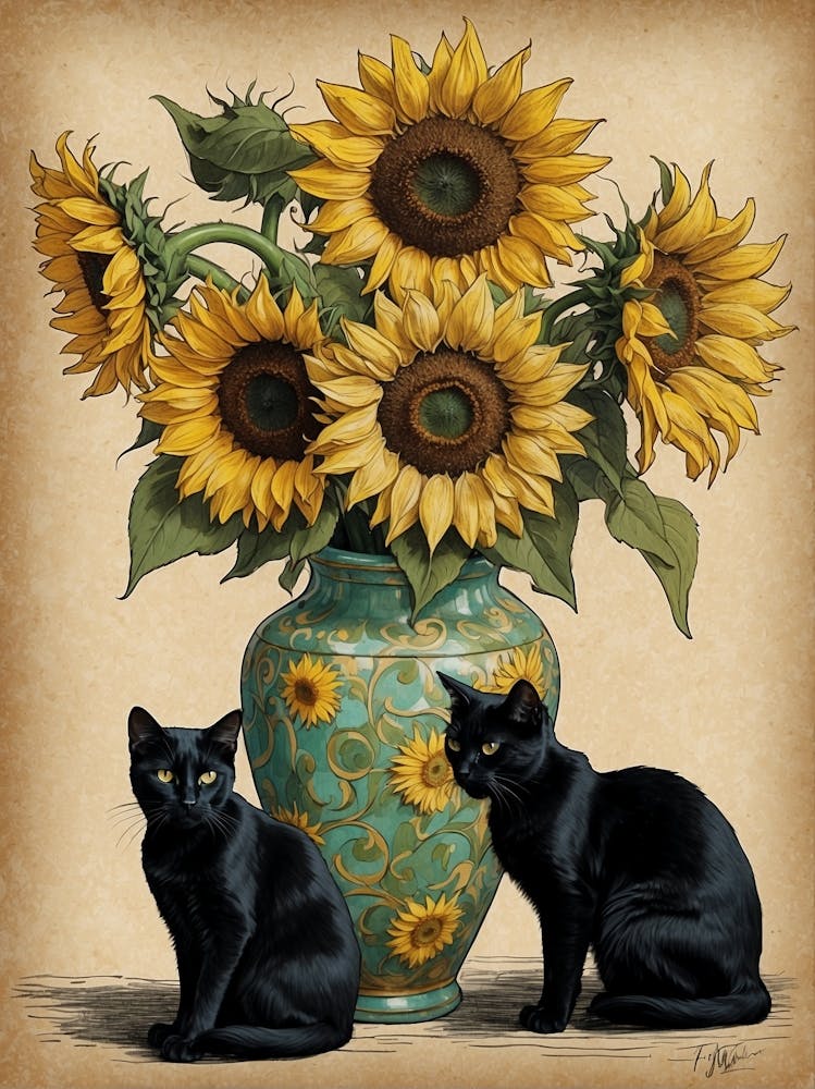 Black Cats With Sunflowers