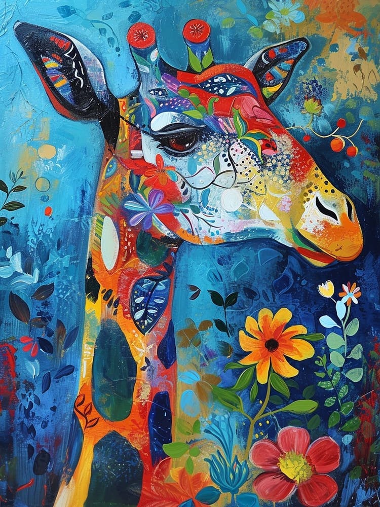 Giraffe With Flowers Painting 3