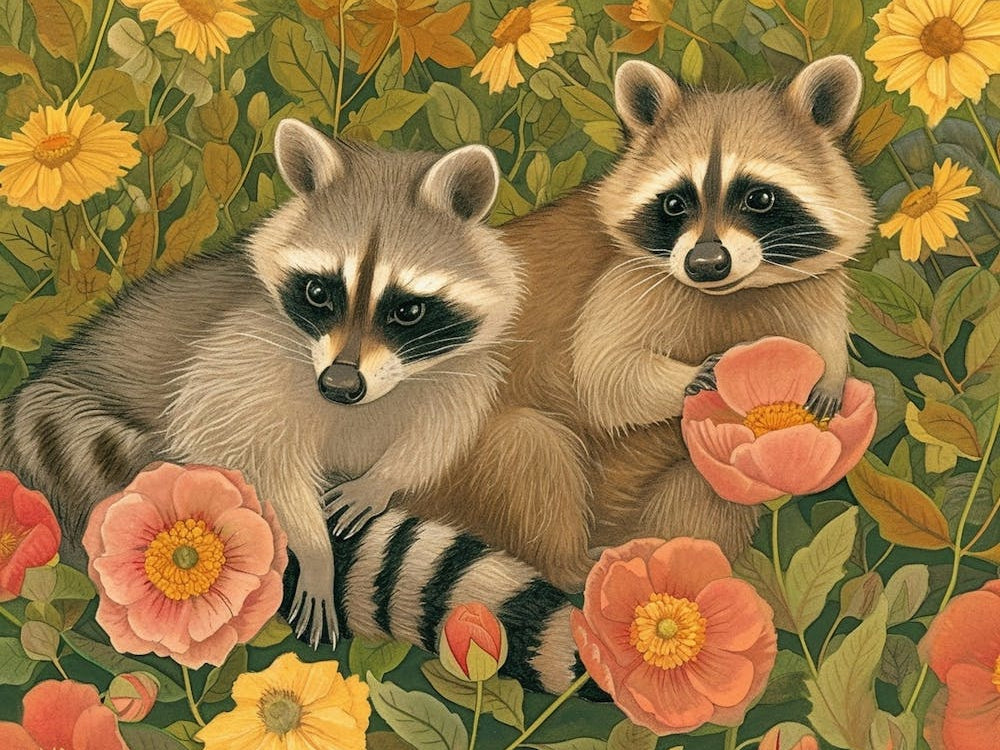 Floral Animal Illustration Raccoon 2